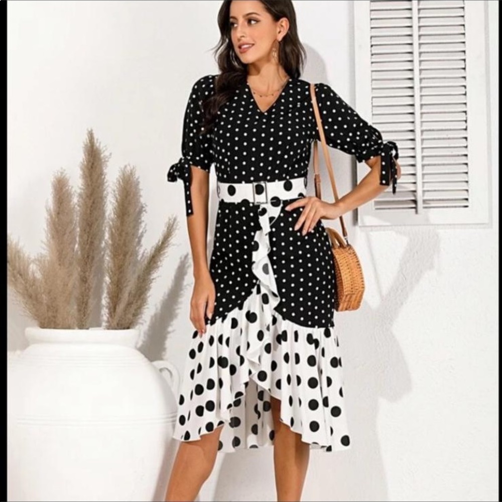 Polka Dot Knot Cuff Ruffle Belted Chiffon Dress